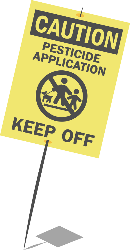 Caution sign that reads 'Caution: pesticide application. Keep off.'