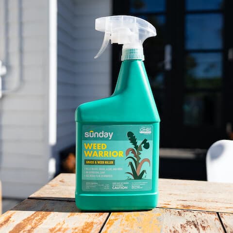 Sunday weed control bottle on a deck